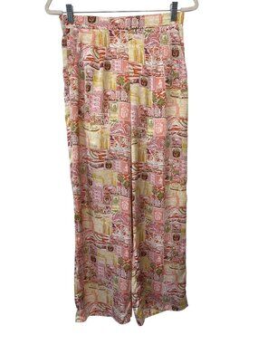 Le Lis Collection Pants Medium Flat Front Wide Leg Patchwork Postcard Print Boho
